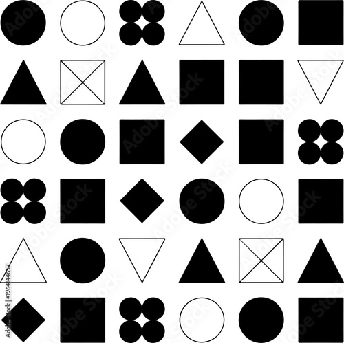 A grid of various geometric shapes featuring circles squares triangles and diamond patterns in black