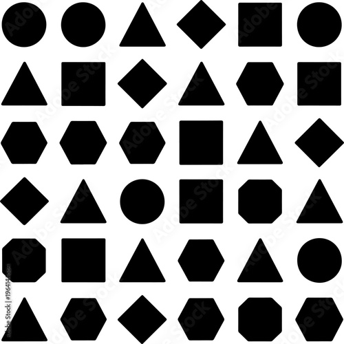 A grid of various black geometric shapes arranged in organized rows and columns on white background