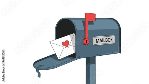 Classic blue mailbox with a red flag open to reveal a white envelope sealed with a red heart sticker.