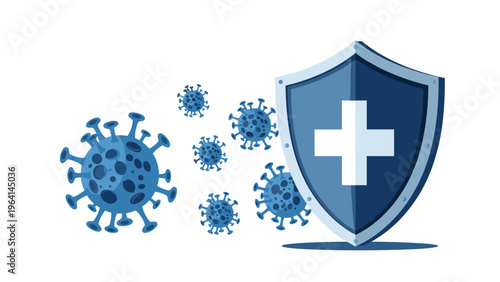 Illustration of several virus or bacteria cells being blocked by a protective medical shield with a white cross symbol.