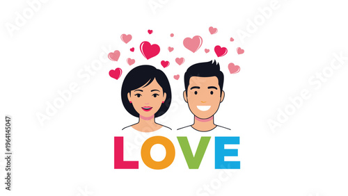 Cartoon portrait of a happy young couple surrounded by floating pink hearts and the word love in vibrant rainbow colors.