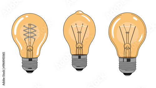 Group of three vintage style incandescent light bulbs with glowing orange filaments against a plain white background.