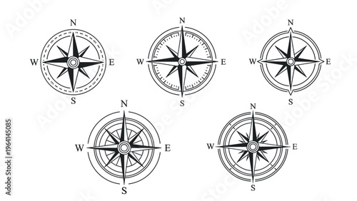 Collection of five unique black and white compass rose icons showing cardinal directions for navigation and cartography.