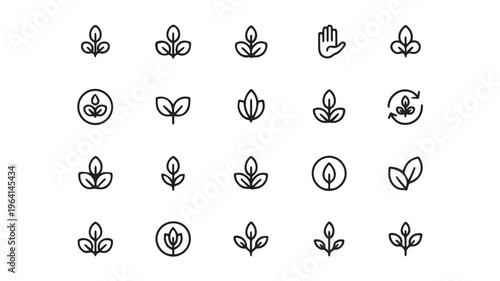A versatile collection of minimalist line art leaf icons symbolizing growth, nature, and environmental consciousness, ideal for eco-friendly branding and sustainable designs
