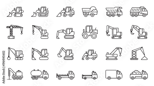 A Comprehensive Collection of Black and White Line Art Icons for Construction and Heavy Machinery
