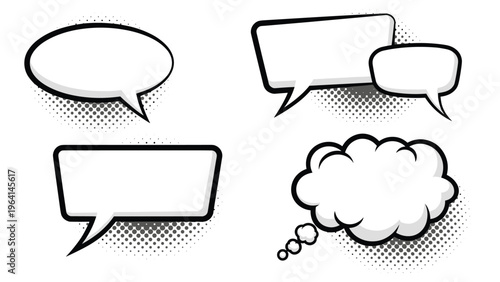 Set of four empty comic book speech and thought bubbles with black borders and halftone dot shadows on white background.