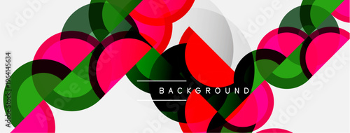 Abstract design features overlapping colorful circles. Pink, green, red hues create dynamic visual texture. Background text present.