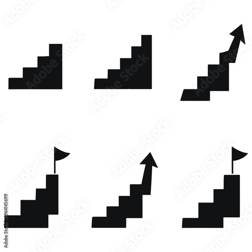 Set of black stair icons for progress and success on transparent background.