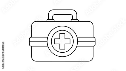 Simple black and white line drawing of a first aid kit case featuring a cross symbol for medical emergency assistance.