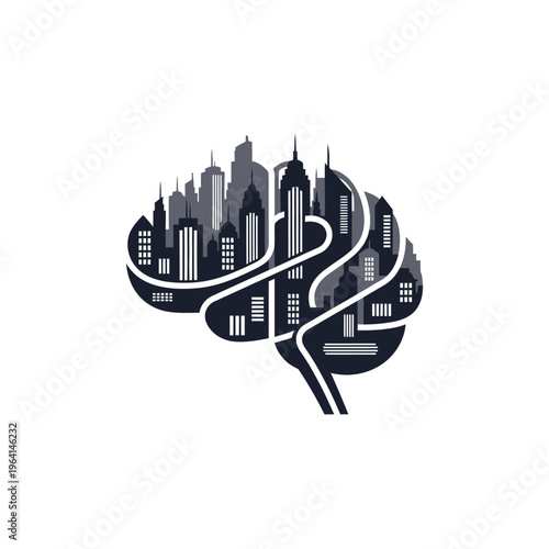 Cityscape brain with road network illustration.
