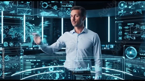 Man Interacting with Futuristic Holographic Interface in a Modern Control Room