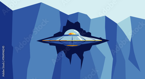 flying saucer hovering at the entrance of a hidden icy cave perfect for mysterious alien exploration in an arctic environment.