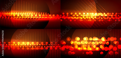 Bright glowing particles form abstract lines, circles. Dark background enhances vibrant orange, red illumination. Modern digital design elements present.