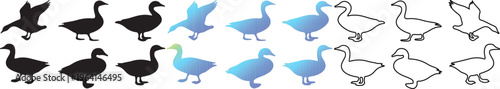 Goose silhouette set, 18 bird icons, waterfowl vectors