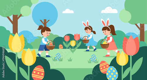 easter egg hunt with joyful children wearing bunny ears collecting colorful eggs in a green spring park setting