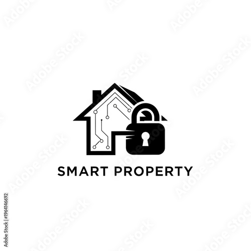 Smart property logo with house and padlock.