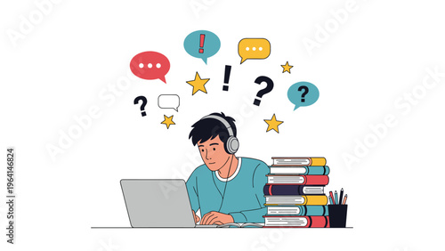 Student boy with headphones studying on a laptop surrounded by books and floating thought bubbles with stars and symbols.