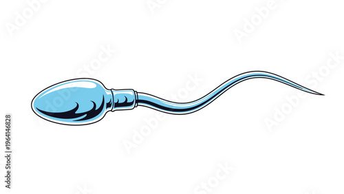 Blue cartoon illustration of a human sperm cell moving through fluid representing reproduction biology and life science concepts.