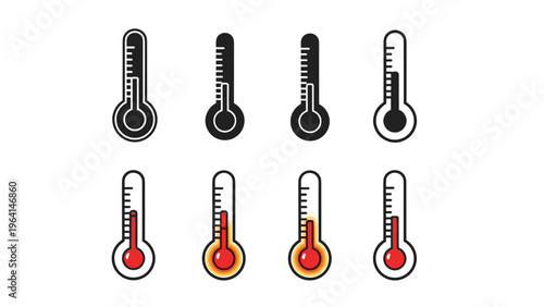 Collection of thermometer icons displaying various temperature levels and heat intensities are presented in a simple black and red design.