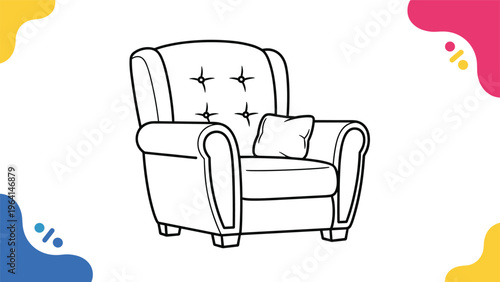 Comfy upholstered armchair with a soft pillow is featured in a line art style with colorful abstract shapes in the background corners.