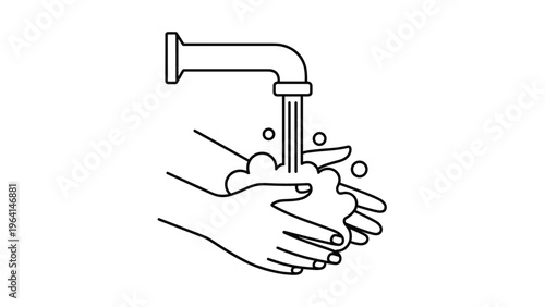 Detailed line drawing illustrates the proper technique for washing hands with soap and water to maintain hygiene and prevent disease.