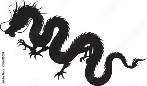 Traditional Chinese dragon silhouette vector, black oriental mythical creature icon, long serpentine dragon mascot for lunar new year and tattoo design
