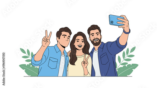 Group of three happy young friends taking a group selfie with a blue smartphone while posing together against a leaf background.