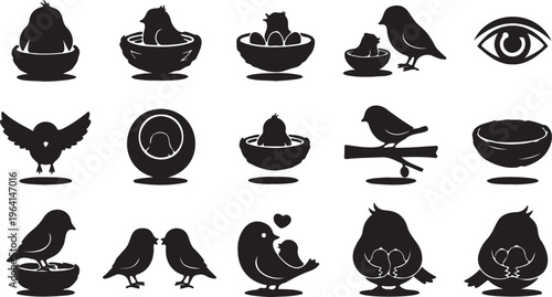 Minimalist bird nest icon set, 15 black silhouette vector elements, avian family and hatching egg symbols for nature branding and web design