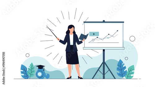 Businesswoman gives a professional presentation using a pointer and a chart on a tripod stand, surrounded by decorative floral elements.