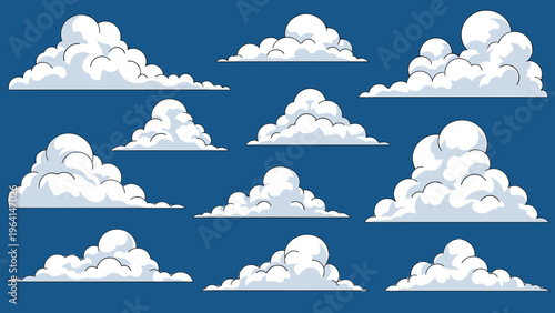Pixelated clouds of various forms and sizes arranged on a dark blue background suitable for game backgrounds or retro style art.