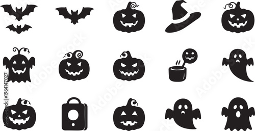 Halloween silhouette icon set with 15 vector elements, spooky jack o lantern pumpkins and ghosts, black holiday clip art for party decor