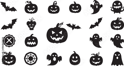 Halloween silhouette icons set, spooky jack o lantern pumpkins and flying bats, black ghost characters and spider web vector elements