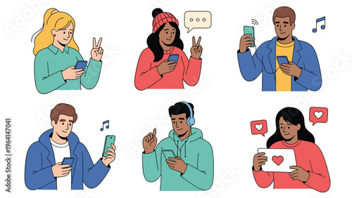 Collection of diverse people using various mobile devices like smartphones and tablets to communicate and consume digital content.