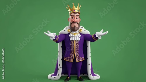 Stylized 3D King Character in Purple Robe, Royal Monarch Render, Majestic Figure with Crown and Fur, Solemn Expression, Digital Royalty