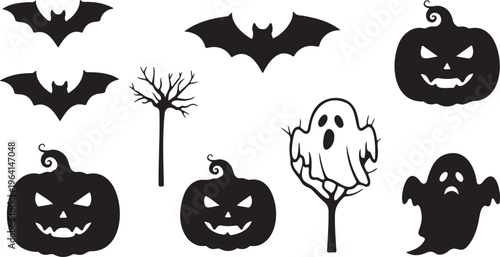 Halloween silhouette vector set, spooky pumpkin and ghost icons, black bat and dead tree clip art, holiday party decoration elements