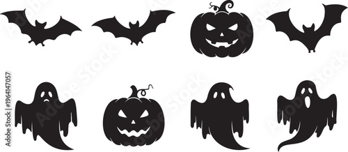 Halloween silhouette collection, spooky ghost and bat vector icons, 8 black pumpkin and spirit elements for holiday party decor and graphic design