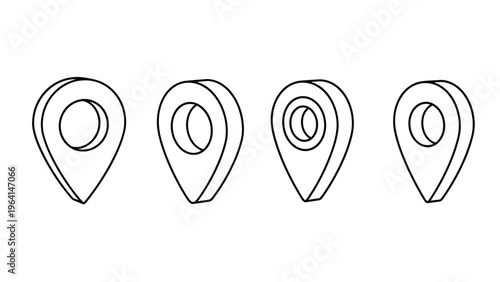 Four three-dimensional map pin or location icons in a simple outline style are presented in a row against a plain white background.