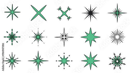 Large collection of green starburst and sparkle shapes designed as graphic elements for adding magic and light to digital projects.