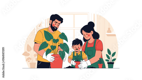 Family of three including a father mother and young son enjoy a fun day of indoor gardening together while planting in red pots.