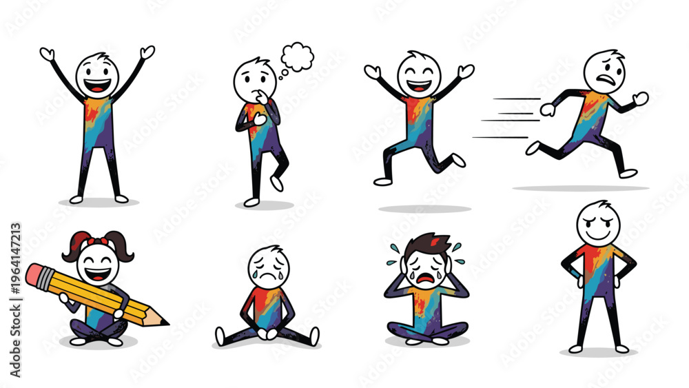 Fototapeta premium Stick figure character showing a wide range of human emotions and actions including joy, sadness, fear, anger, and concentration.