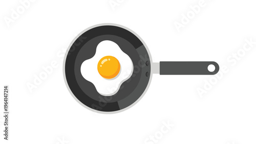 Single fried egg with a bright yellow yolk sits in the center of a dark frying pan in this top-down view vector illustration.
