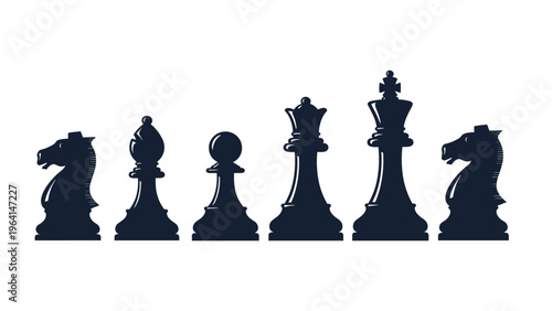 Silhouettes of essential chess pieces including the knight, bishop, pawn, queen, and king are presented in a row for strategy themes.