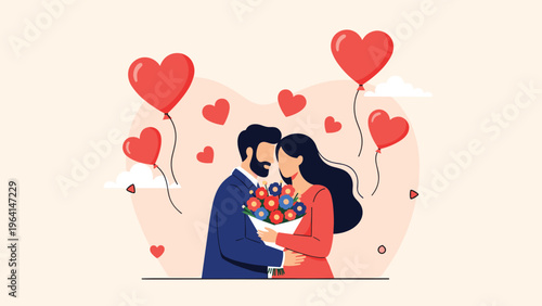 Romantic couple sharing an affectionate moment surrounded by heart shaped balloons and a large soft heart background illustration.