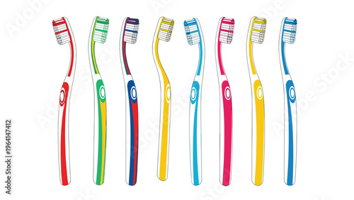 Set of eight vibrant and colorful toothbrushes standing in a row against a clean white background for dental hygiene.