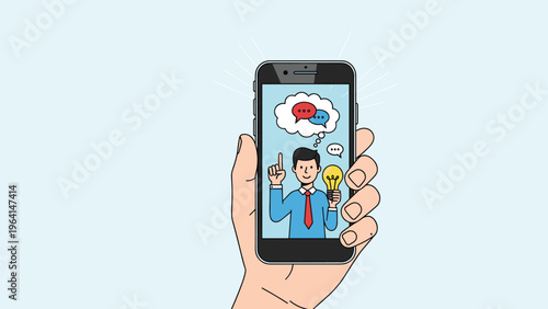 Hand holding a modern smartphone displaying a creative man with a bright lightbulb idea and speech bubbles on the screen.