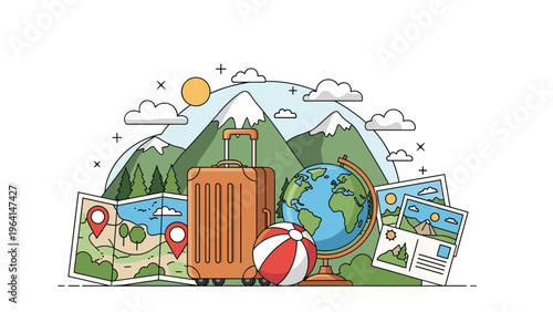 Collection of travel essentials including a suitcase globe map and postcards arranged in front of a green mountain landscape.