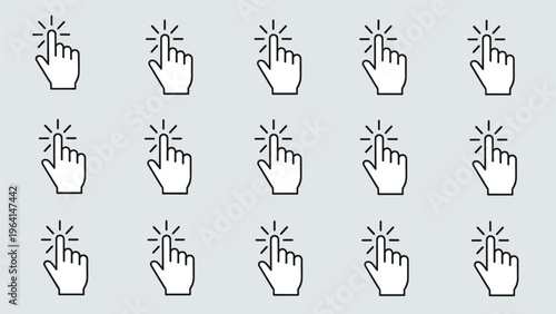 Collection of fifteen white hand cursor icons arranged in a three by five grid over a neutral grey background for design.