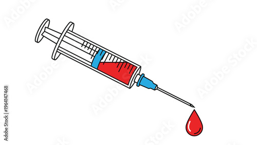 Medical syringe filled with red blood featuring a single droplet falling from the needle tip against a white background.