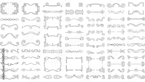 Large collection of diverse ornamental dividers and vintage frames in black outline style for elegant graphic design projects.