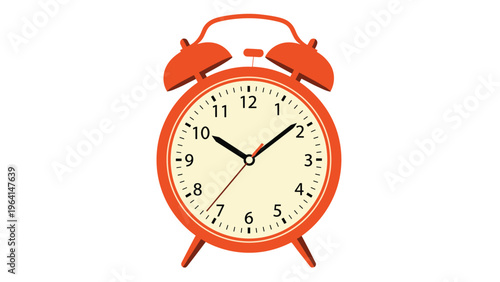 Classic orange twin bell alarm clock with a light colored face showing a time in the morning against a white background.